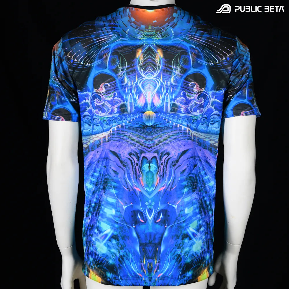 T-shirt with all-over UV-reactive print, photographed in natural light