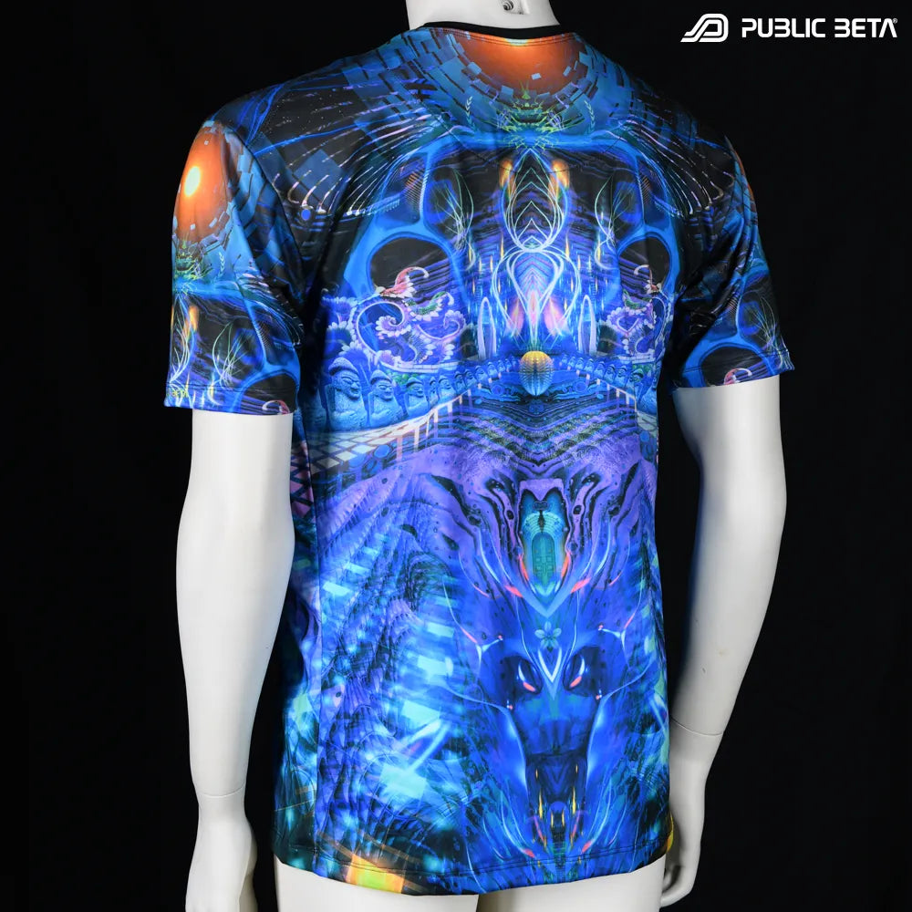 T-shirt with all-over UV-reactive print, photographed in natural light