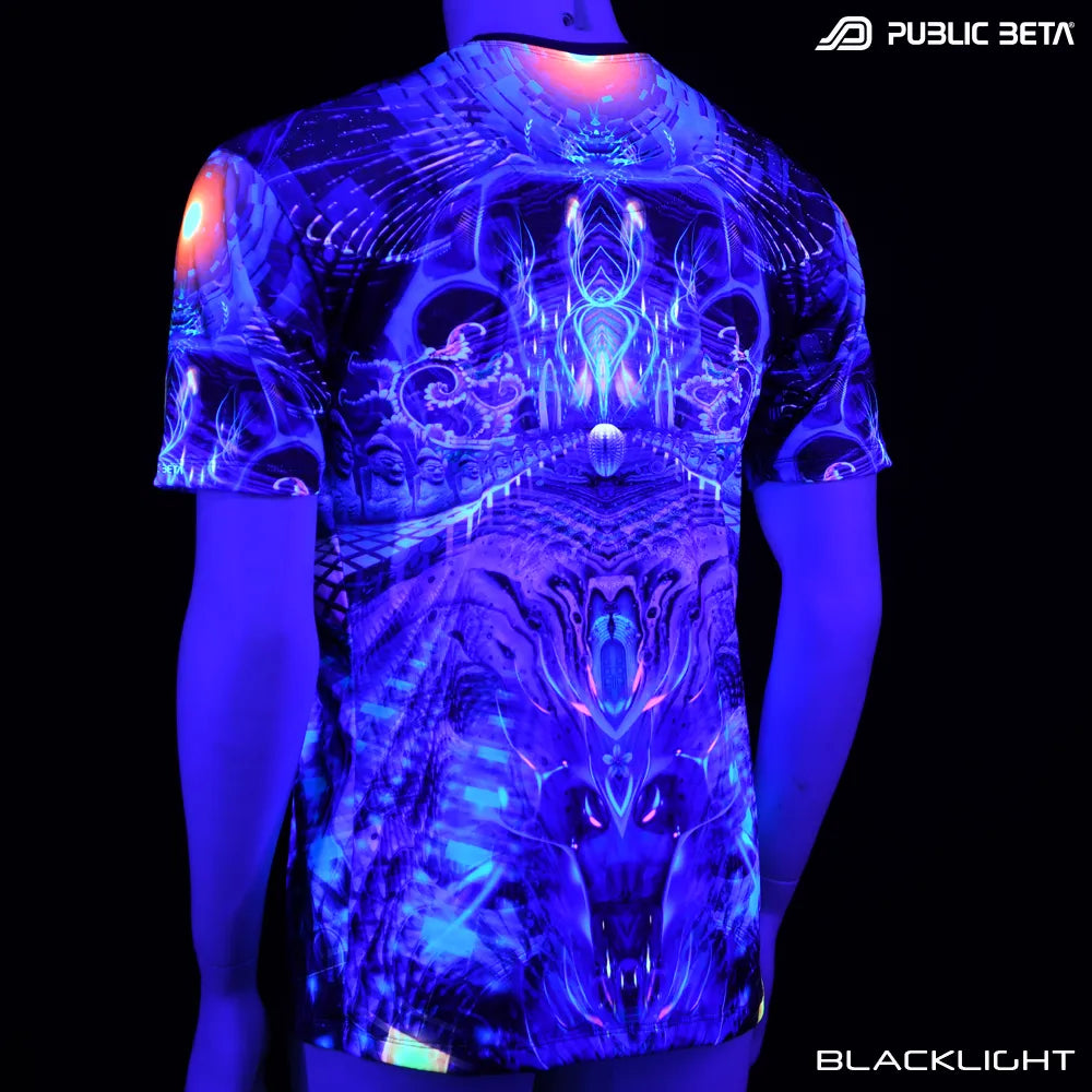 T-shirt with all-over UV-reactive print glowing under blacklight