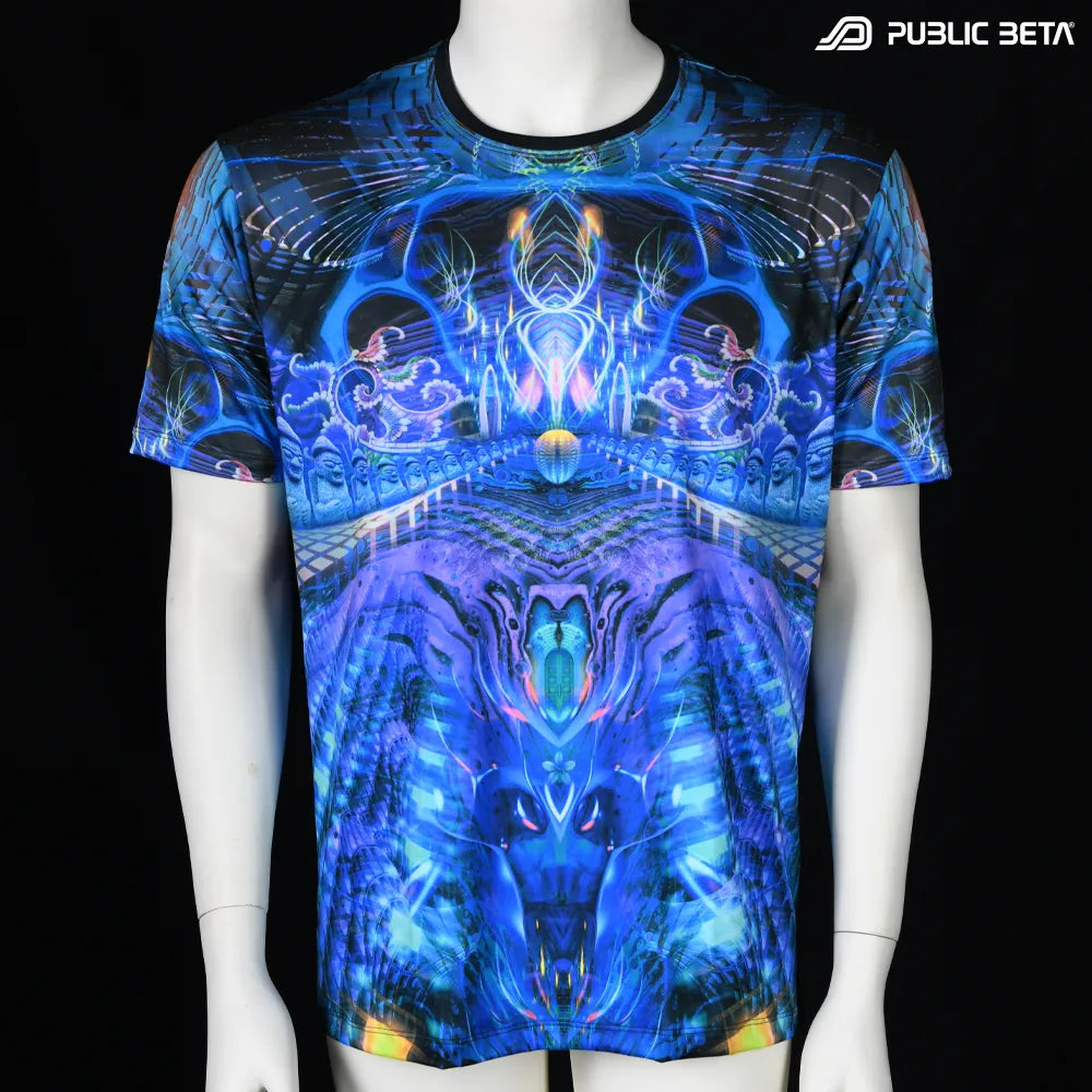 T-shirt with all-over UV-reactive print, photographed in natural light