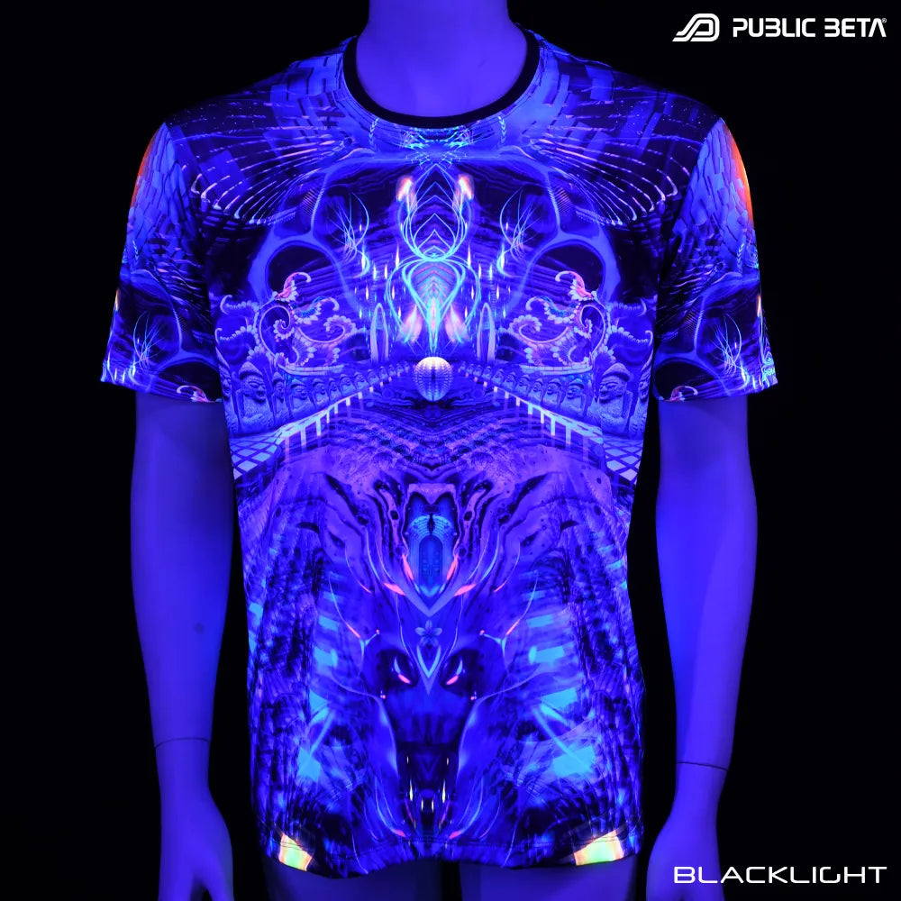 T-shirt with all-over UV-reactive print glowing under blacklight