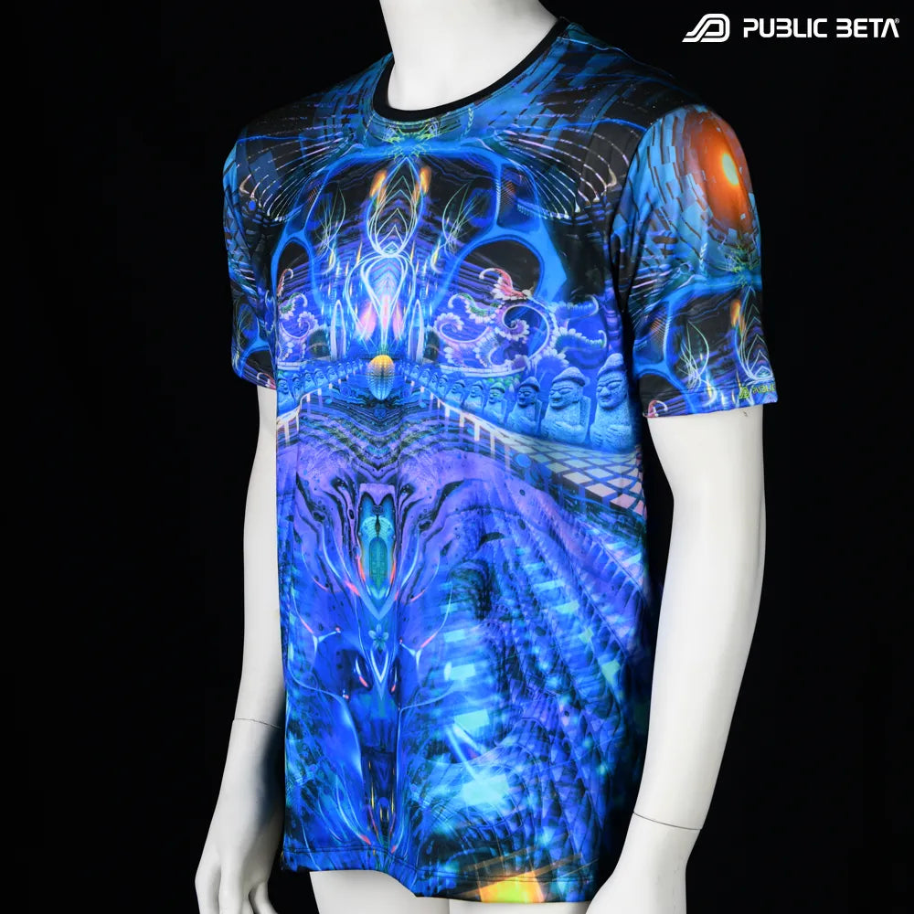 T-shirt with all-over UV-reactive print, photographed in natural light
