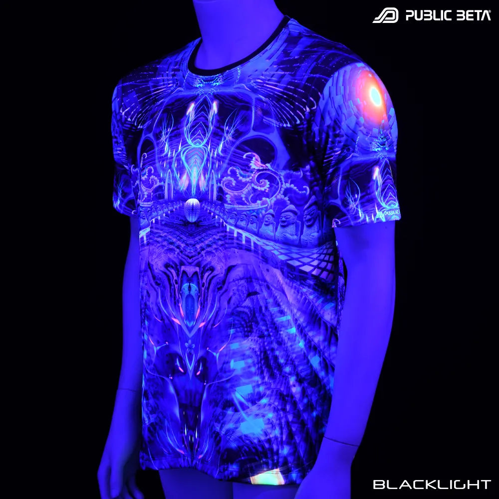 T-shirt with all-over UV-reactive print glowing under blacklight
