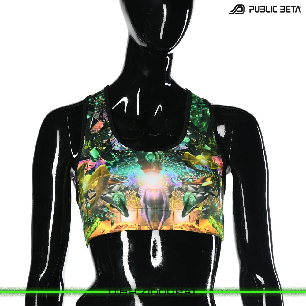 Active top with UV-reactive futuristic graphics, photographed in natural light