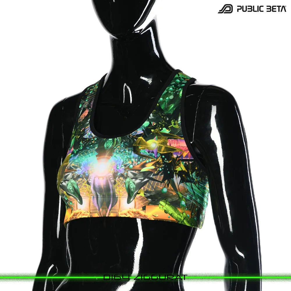 Active top with UV-reactive futuristic graphics, photographed in natural light