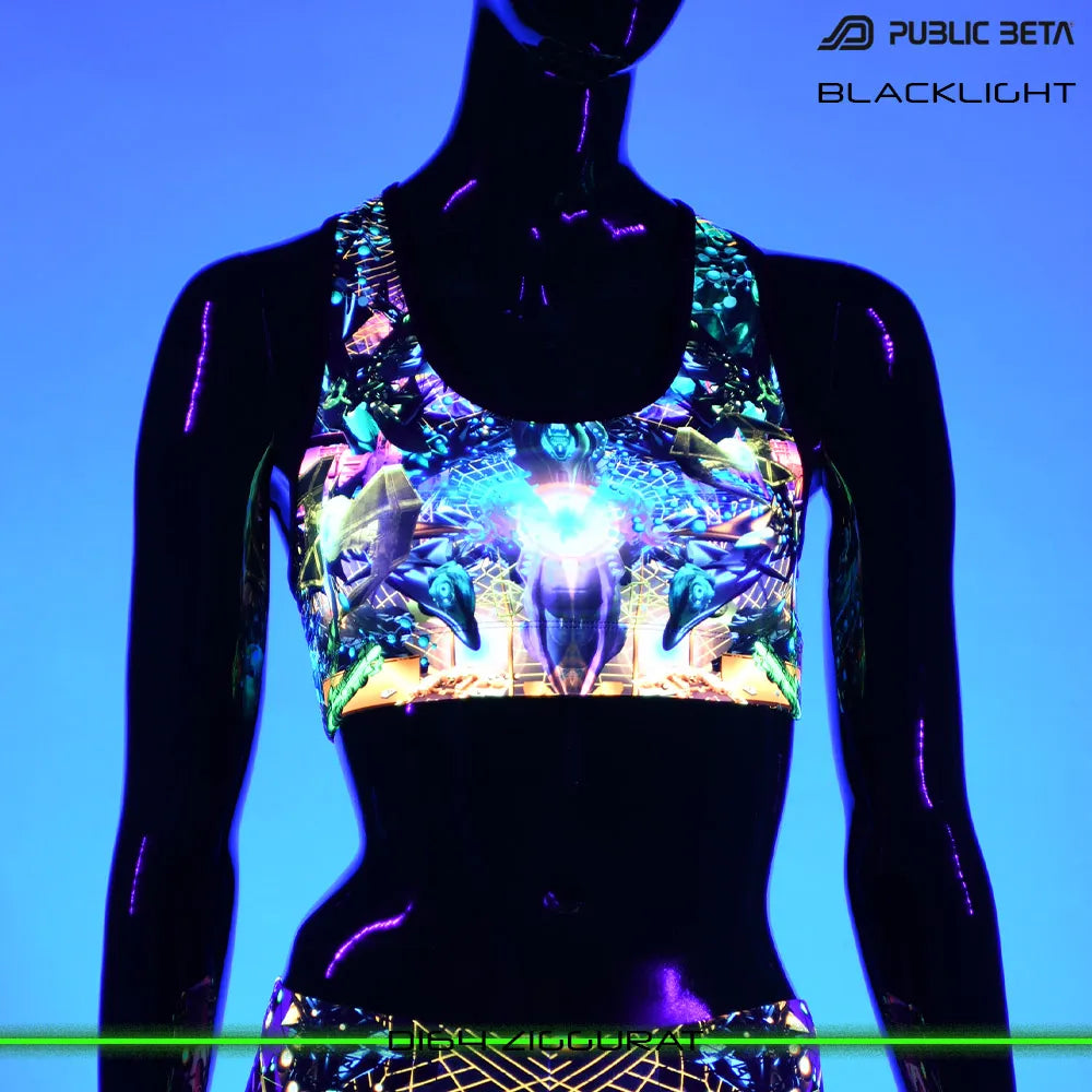 Active top with UV-reactive futuristic print glowing under blacklight