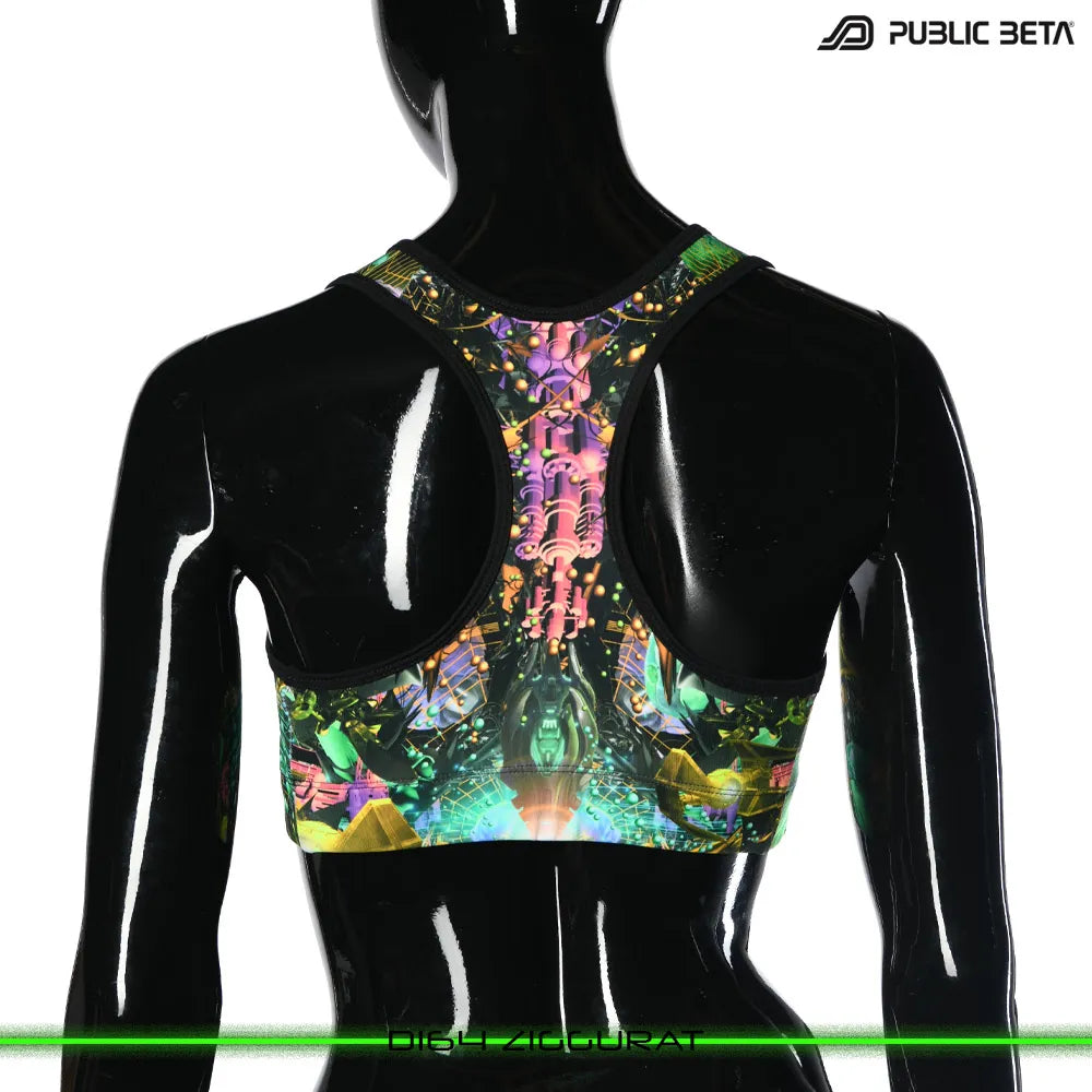 Active top with UV-reactive futuristic graphics, photographed in natural light
