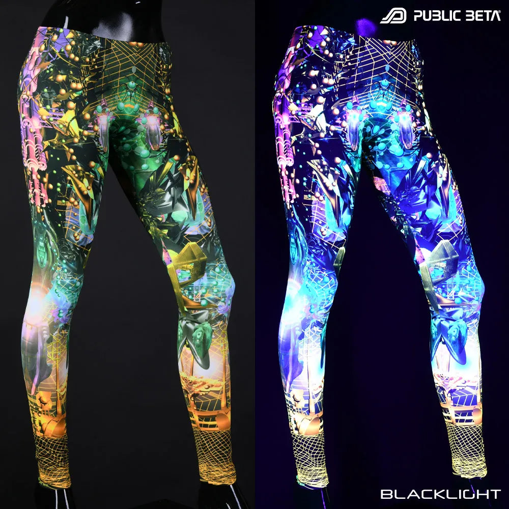 Uv reactive psychedelic art printed leggings shown in natural light and glowing under blacklight split image view