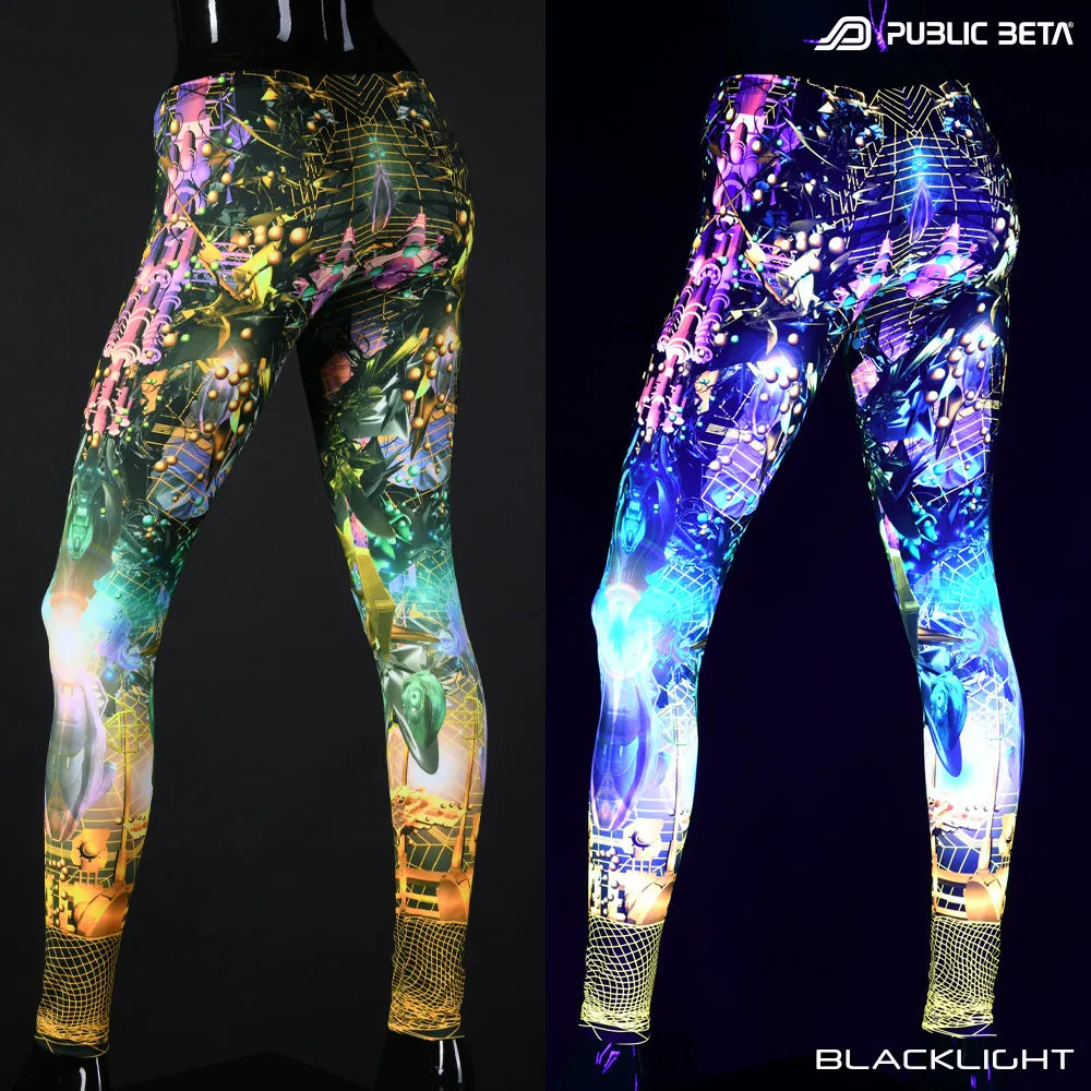 Uv reactive psychedelic art printed leggings shown in natural light and glowing under blacklight split image view
