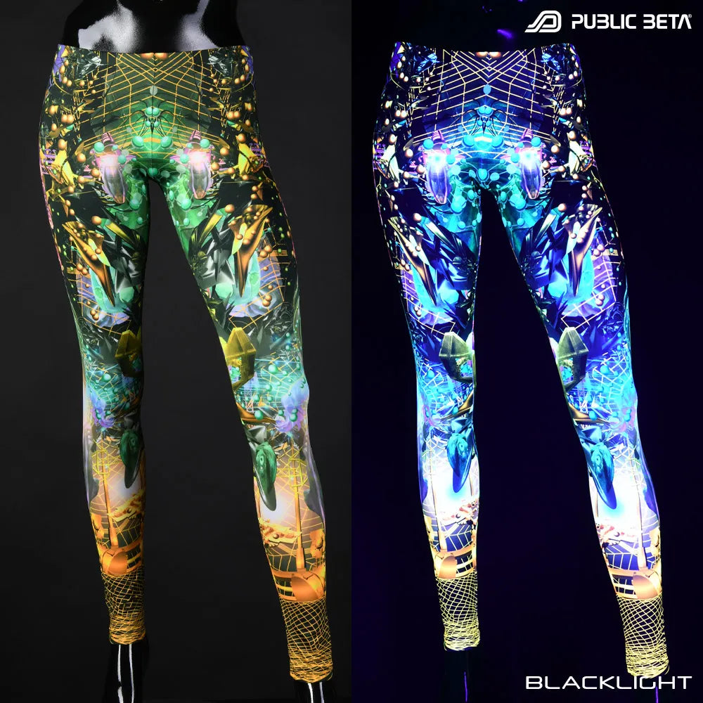 Uv reactive psychedelic art printed leggings shown in natural light and glowing under blacklight split image view