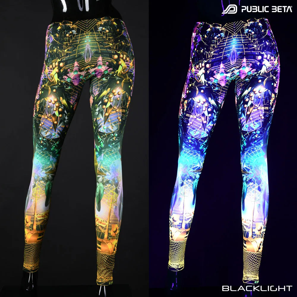 Uv reactive psychedelic art printed leggings shown in natural light and glowing under blacklight split image view