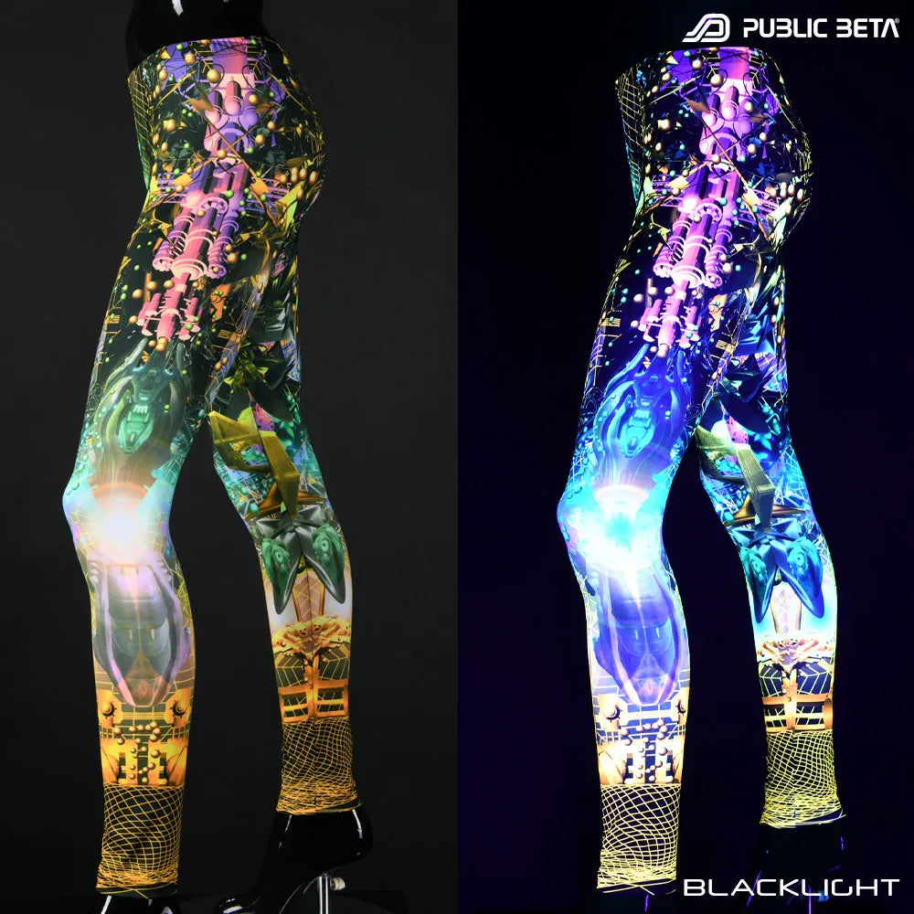 Uv reactive psychedelic art printed leggings shown in natural light and glowing under blacklight split image view