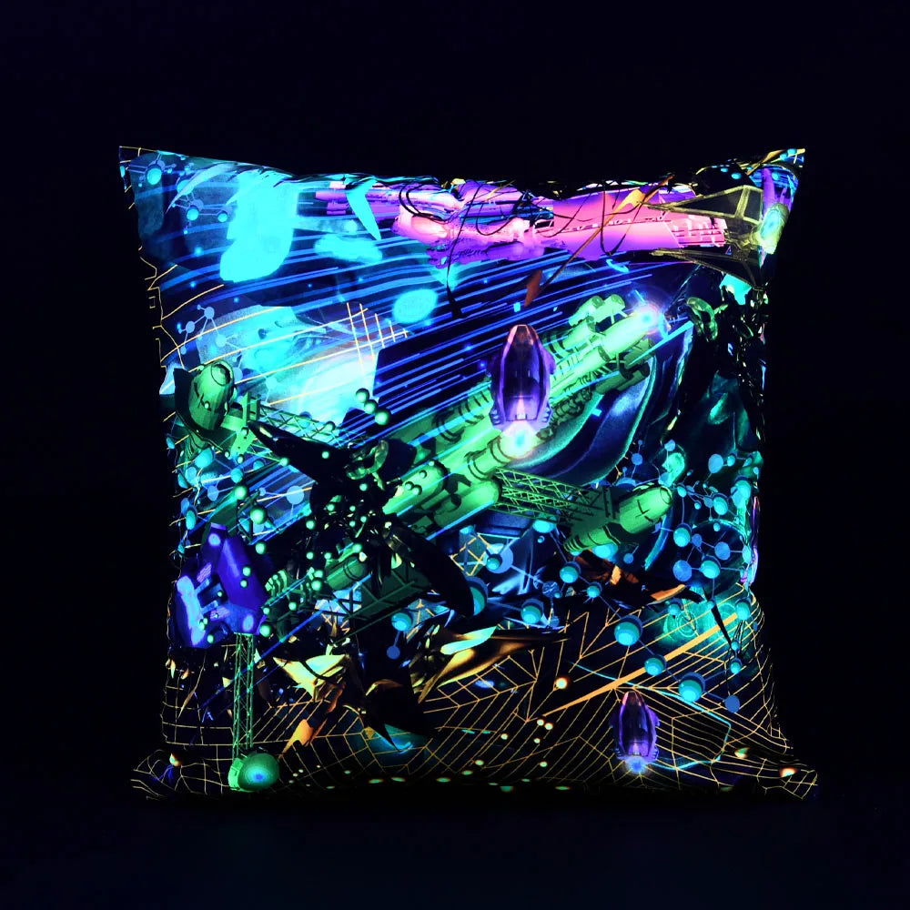 Cushion Cover with UV-reactive graphics glowing under blacklight