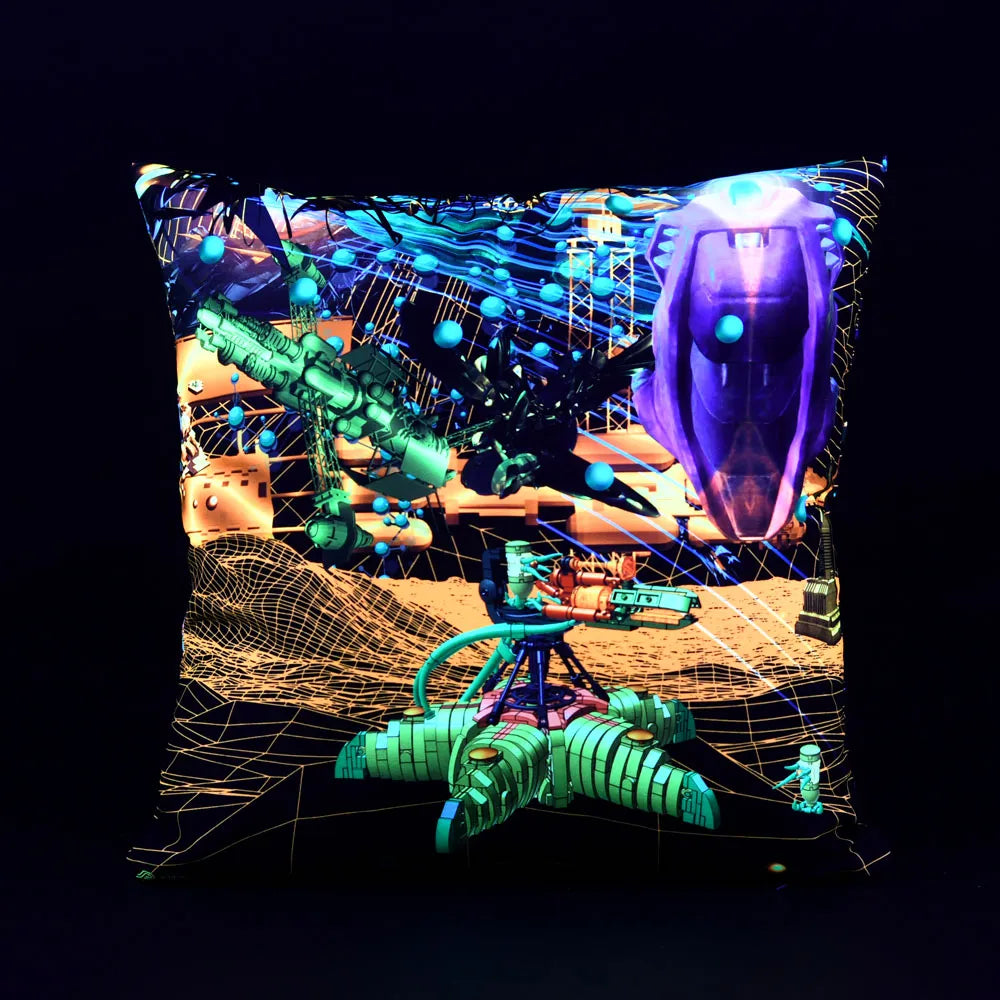 Cushion Cover with UV-reactive graphics glowing under blacklight