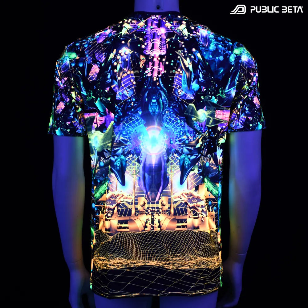 T-shirt with UV-reactive psychedelic art print glowing under blacklight back view