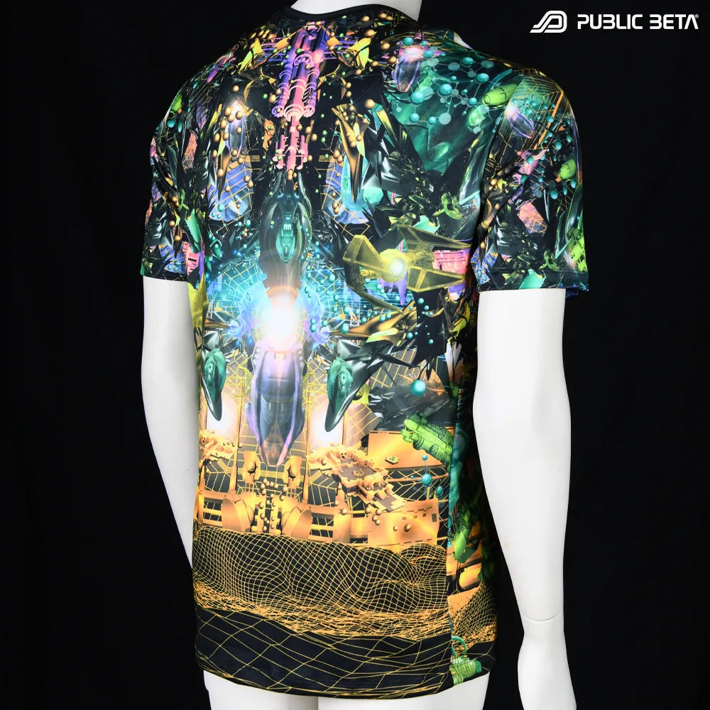 T-shirt with UV-reactive futuristic graphics, photographed in natural light back view