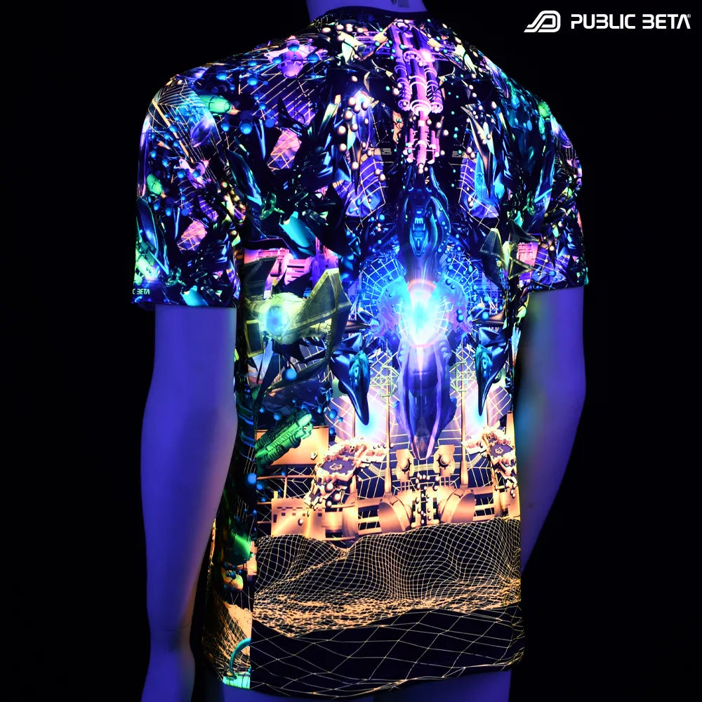 T-shirt with UV-reactive psychedelic art print glowing under blacklight back view