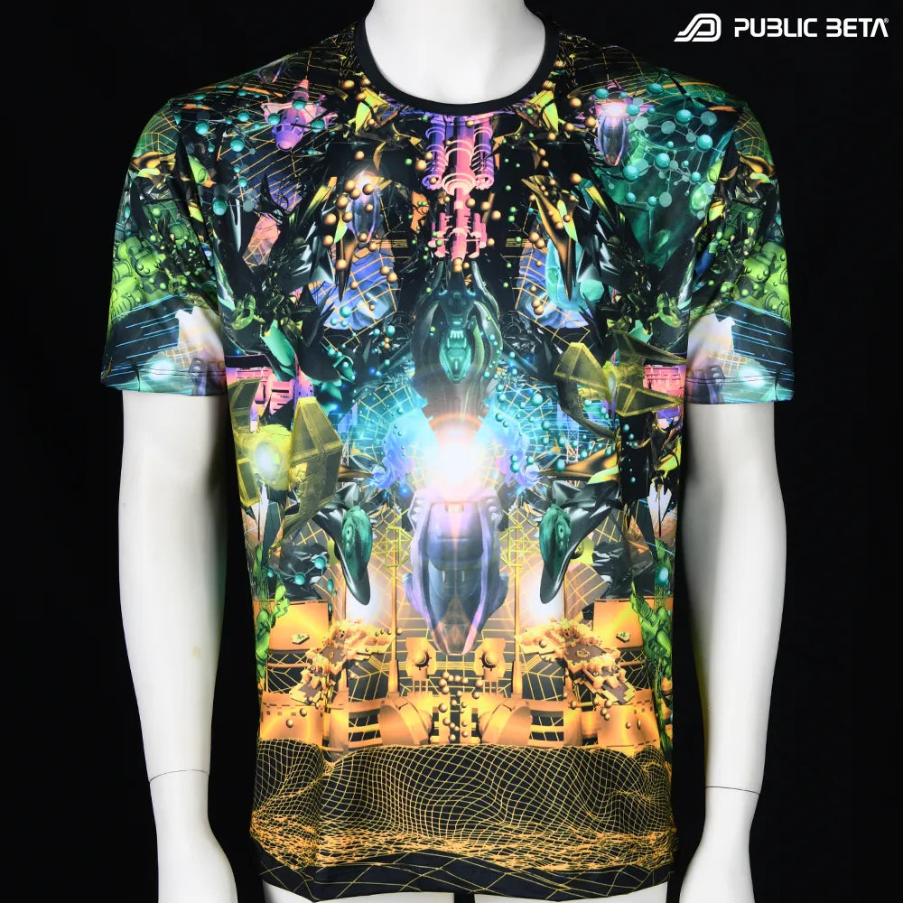 T-shirt with UV-reactive futuristic graphics, photographed in natural light front view