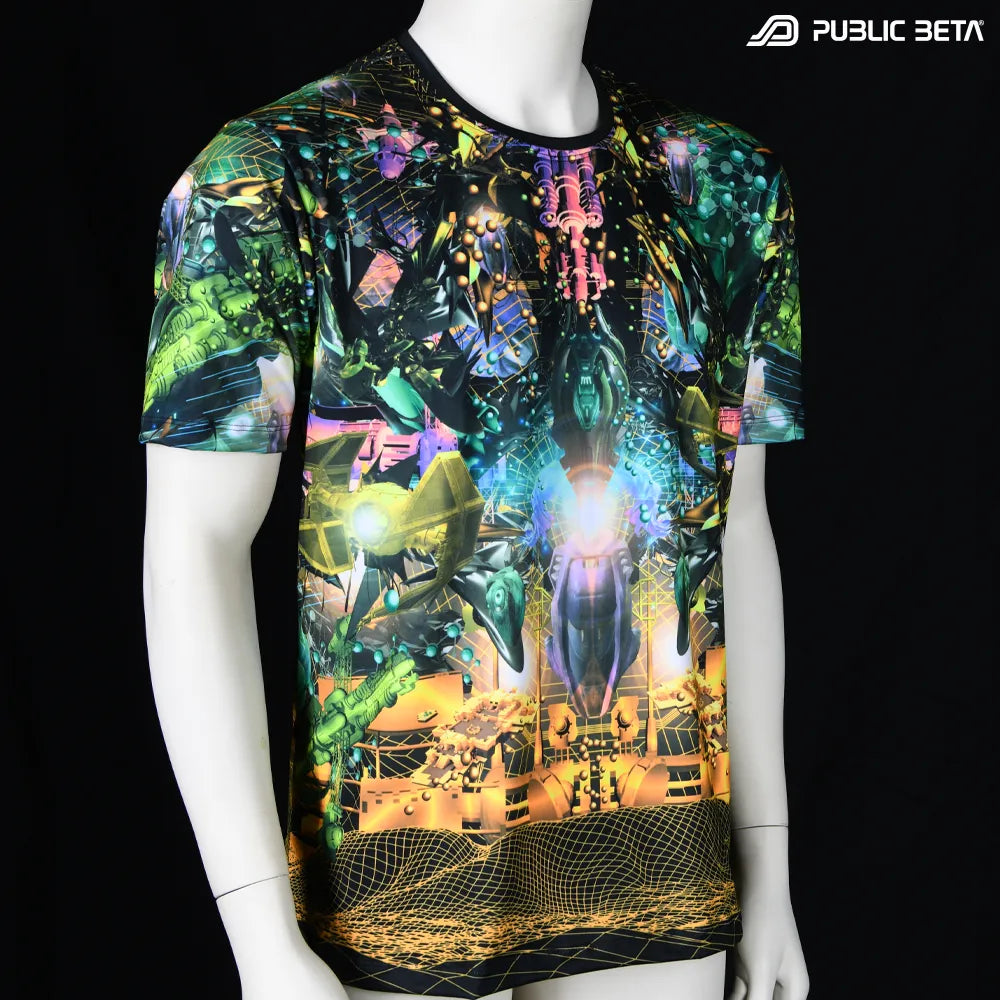 T-shirt with UV-reactive futuristic graphics, photographed in natural light front view