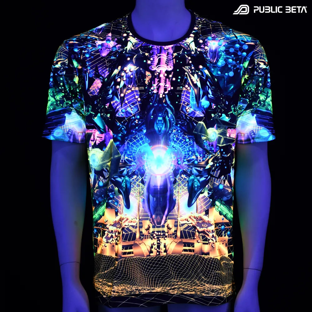 T-shirt with UV-reactive psychedelic art print glowing under blacklight front view