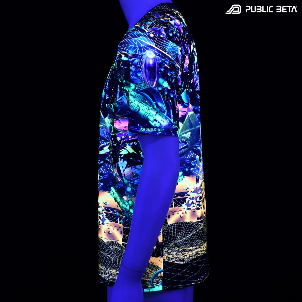 T-shirt with UV-reactive psychedelic art print glowing under blacklight side view