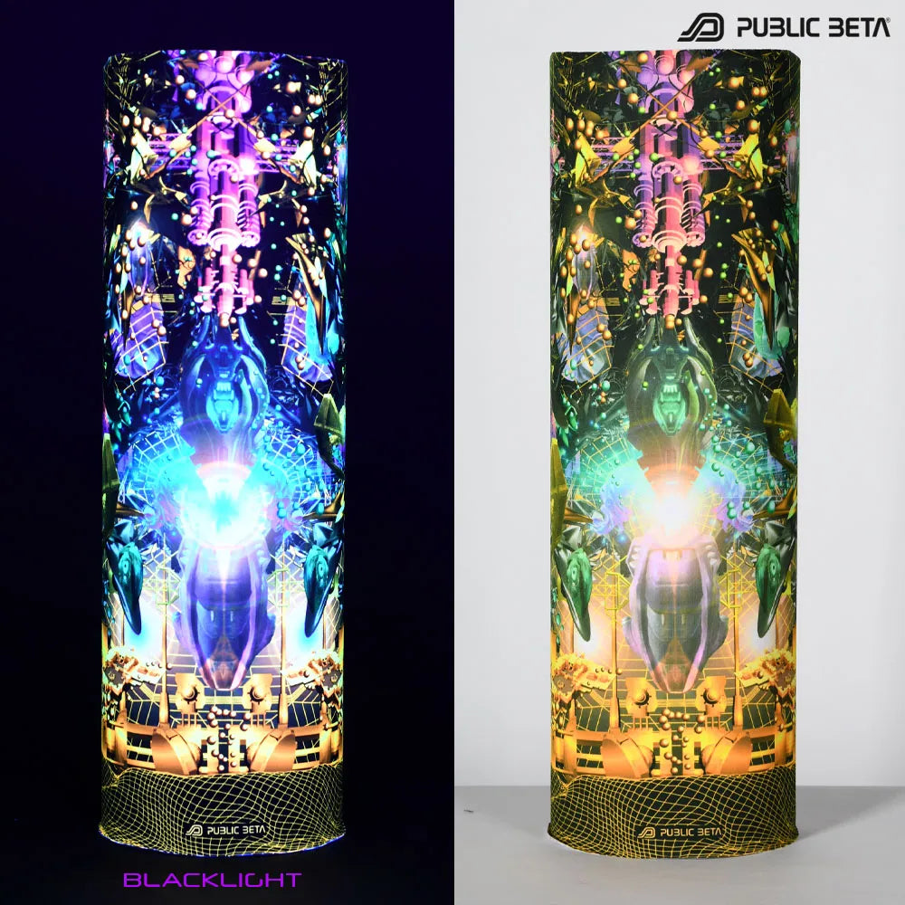 Split image of a tube scarf with uv-reactive graphics shown in natural light and glowing under blacklight