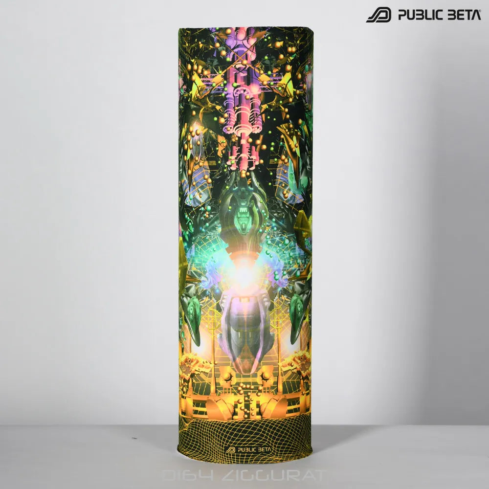Tube scarf with UV-reactive futuristic graphics, photographed in natural light