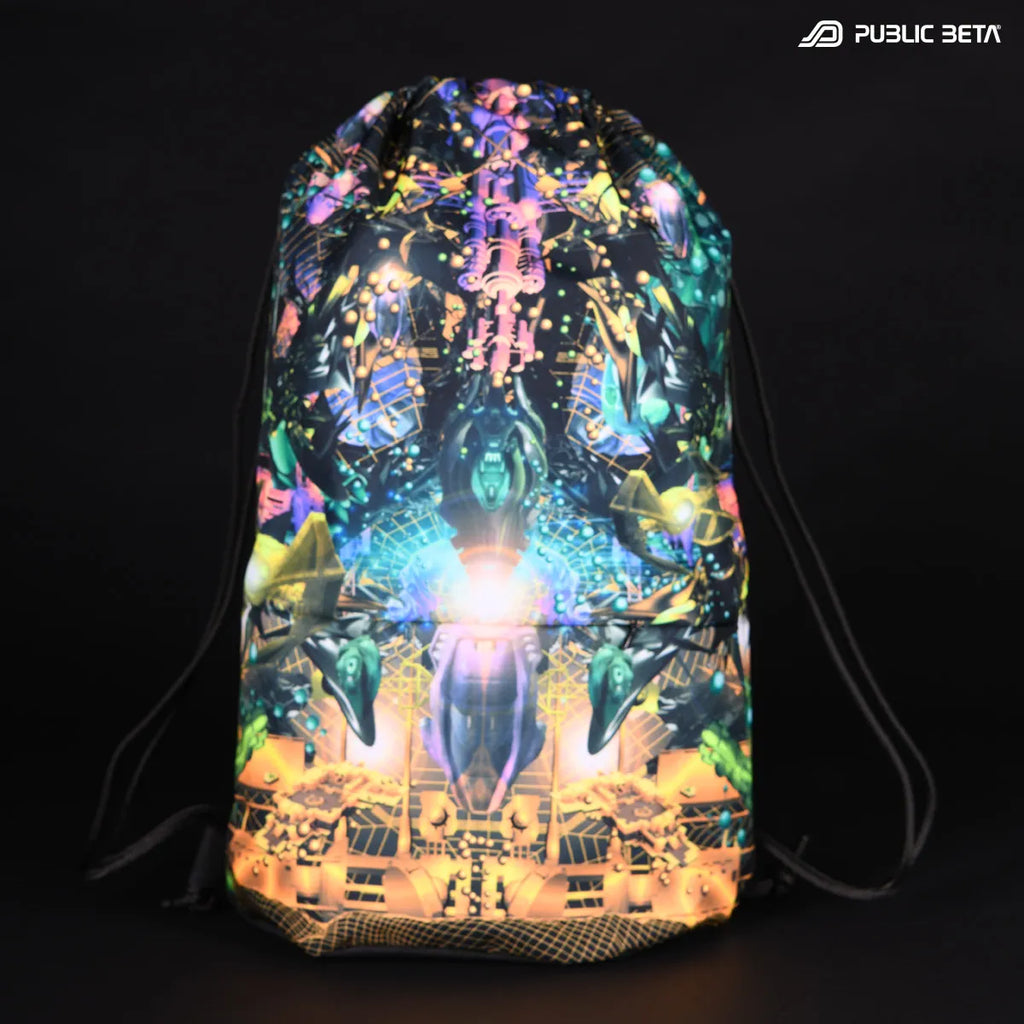 Drawstring bag with UV-reactive psychedelic art graphics 