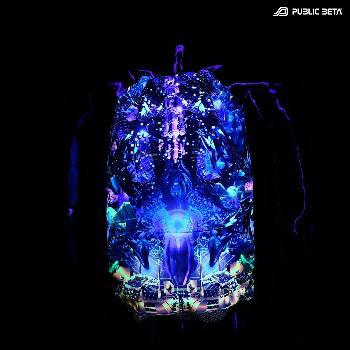 Drawstring bag with UV-reactive psychedelic art graphics glowing under blacklight