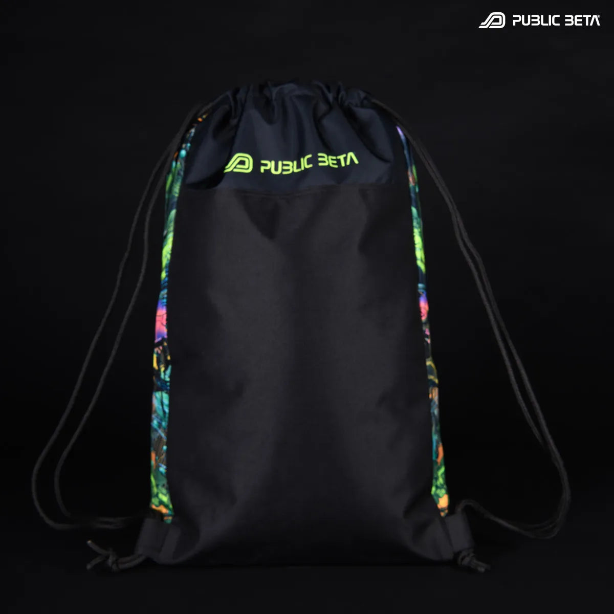 Drawstring bag with UV-reactive psychedelic art graphics 