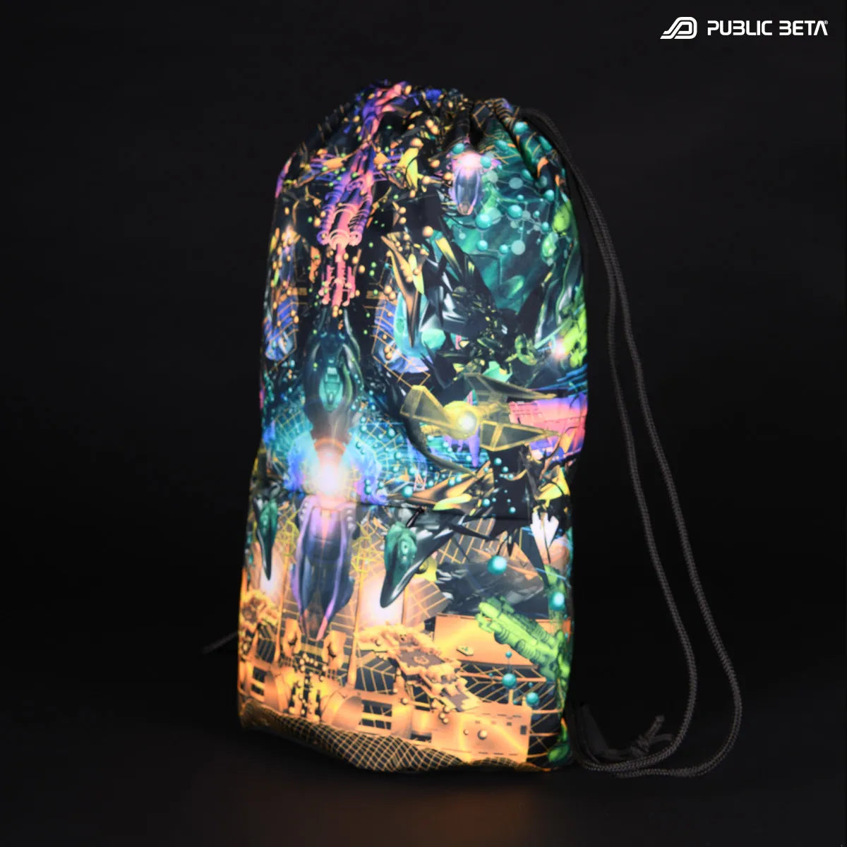 Drawstring bag with UV-reactive psychedelic art graphics 