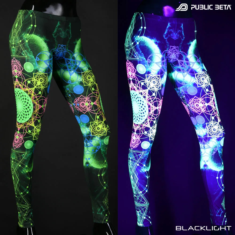 Uv reactive psychedelic art printed leggings shown in natural light and glowing under blacklight split image view
