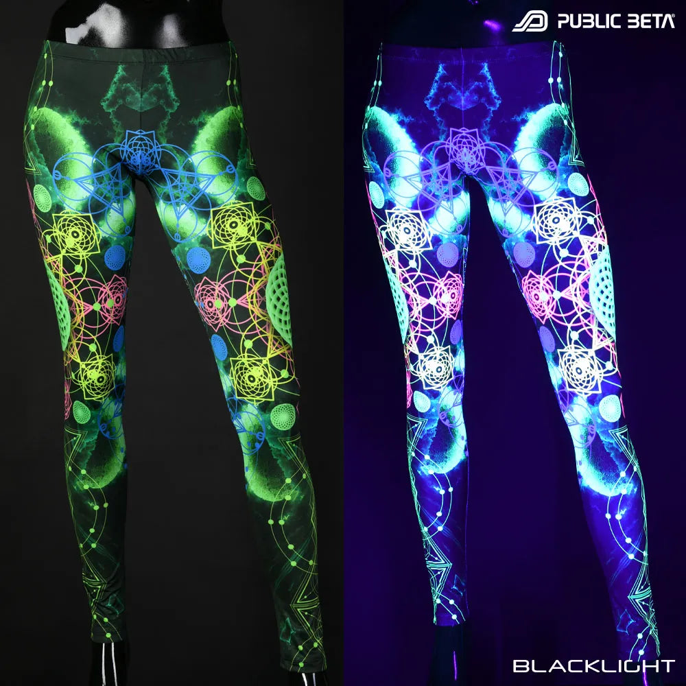 Uv reactive psychedelic art printed leggings shown in natural light and glowing under blacklight split image view