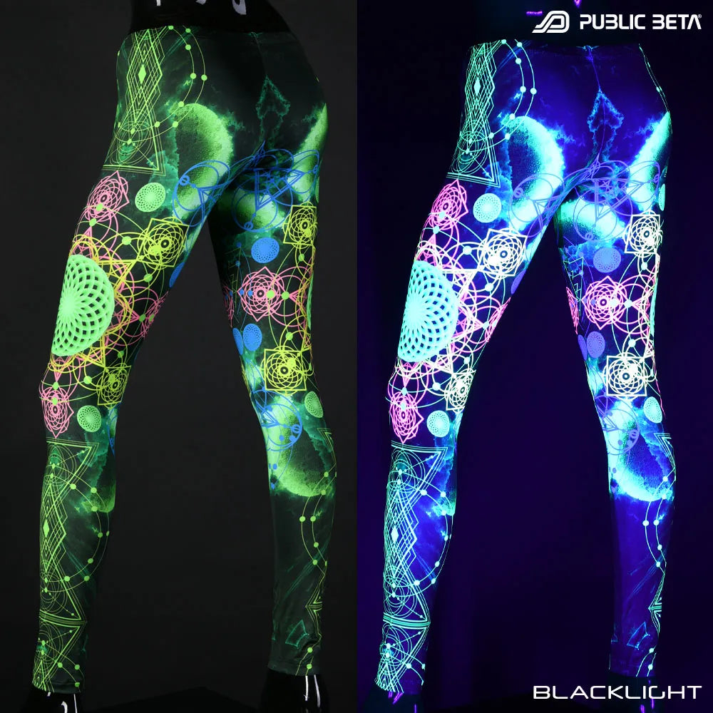 Uv reactive psychedelic art printed leggings shown in natural light and glowing under blacklight split image view