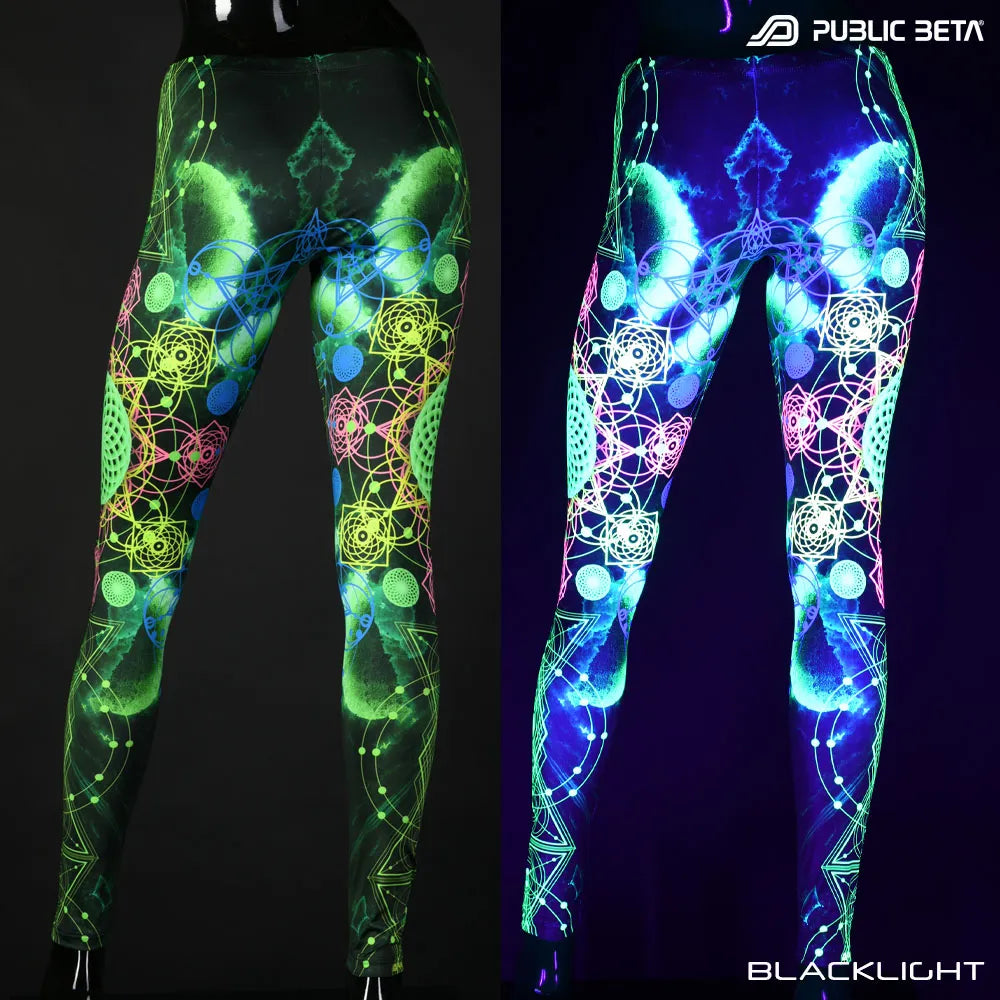 Uv reactive psychedelic art printed leggings shown in natural light and glowing under blacklight split image view