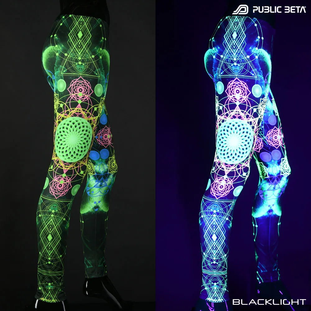 Uv reactive psychedelic art printed leggings shown in natural light and glowing under blacklight split image view