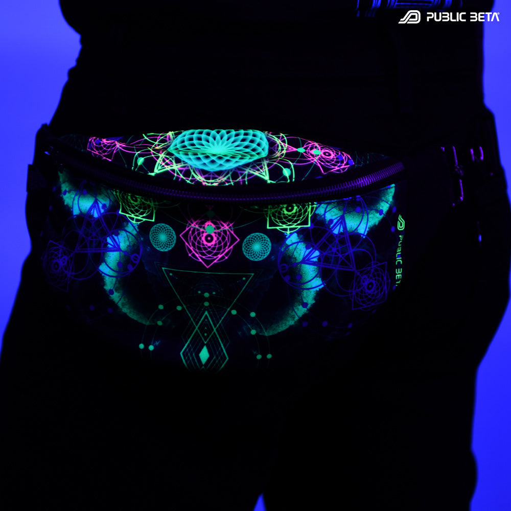 Bum bag with turquoise and pink sacred geometry vajra mandala print glowing under blacklight