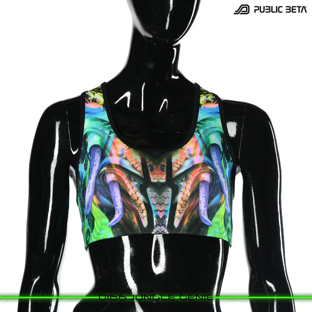 Active top with UV-reactive psychedelic art print, photographed in natural light