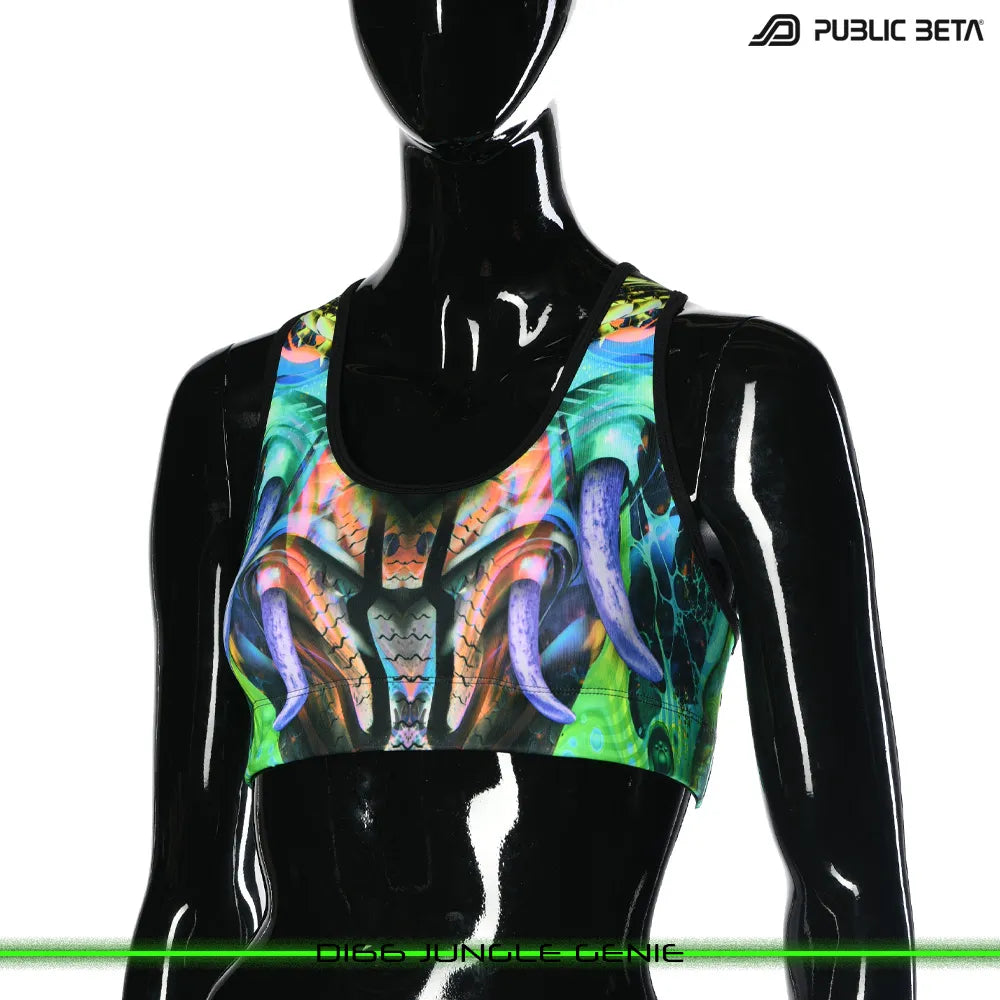 Active top with UV-reactive psychedelic art print, photographed in natural light