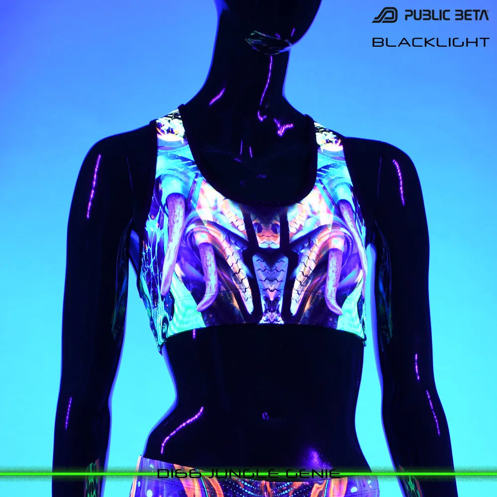 Active top with UV-reactive psychedelic art print glowing under blacklight