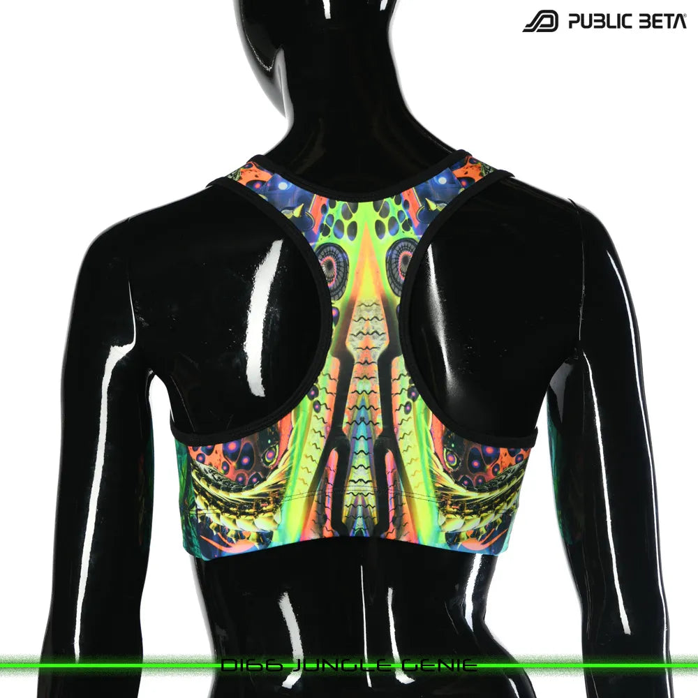 Active top with UV-reactive psychedelic art print, photographed in natural light