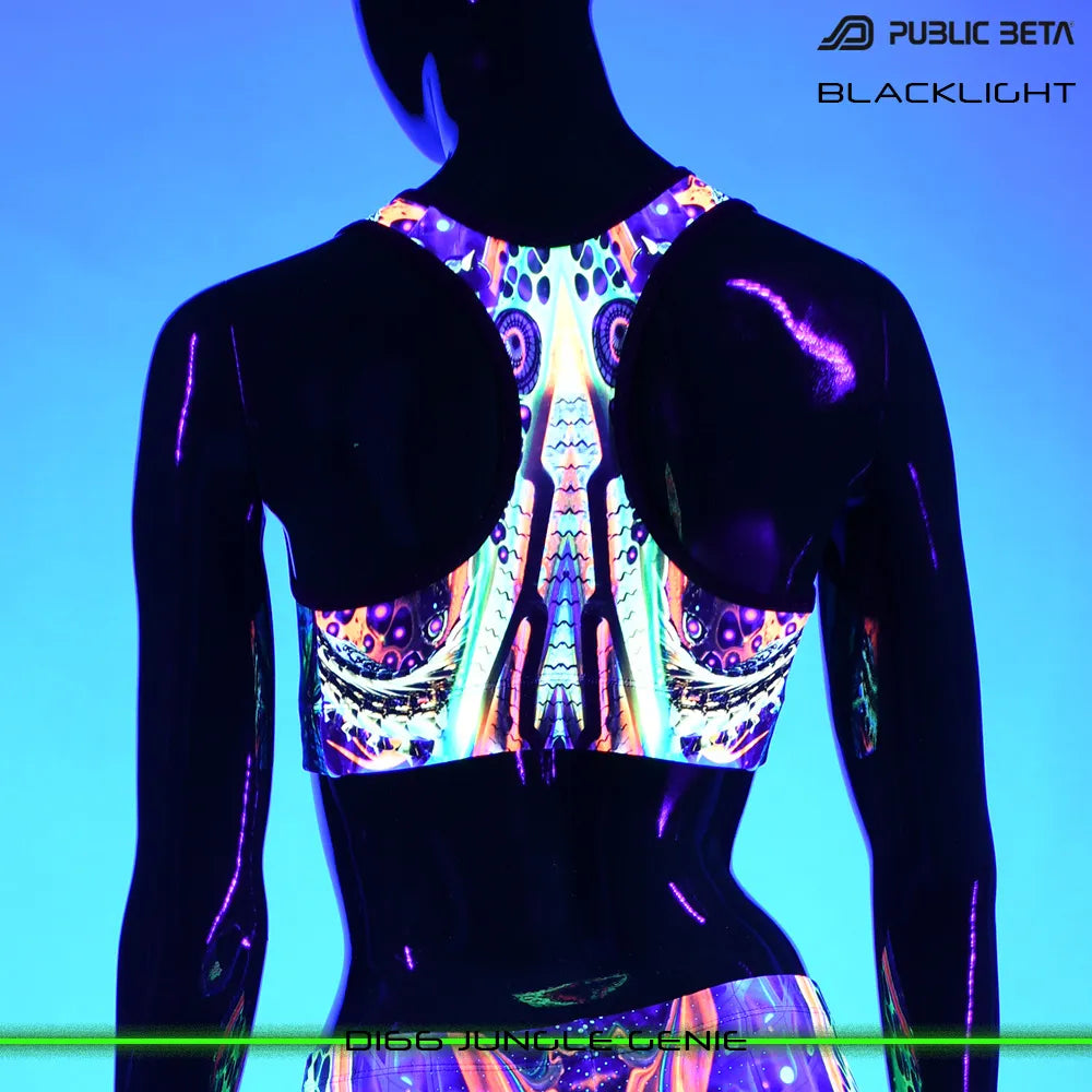 Active top with UV-reactive psychedelic art print glowing under blacklight