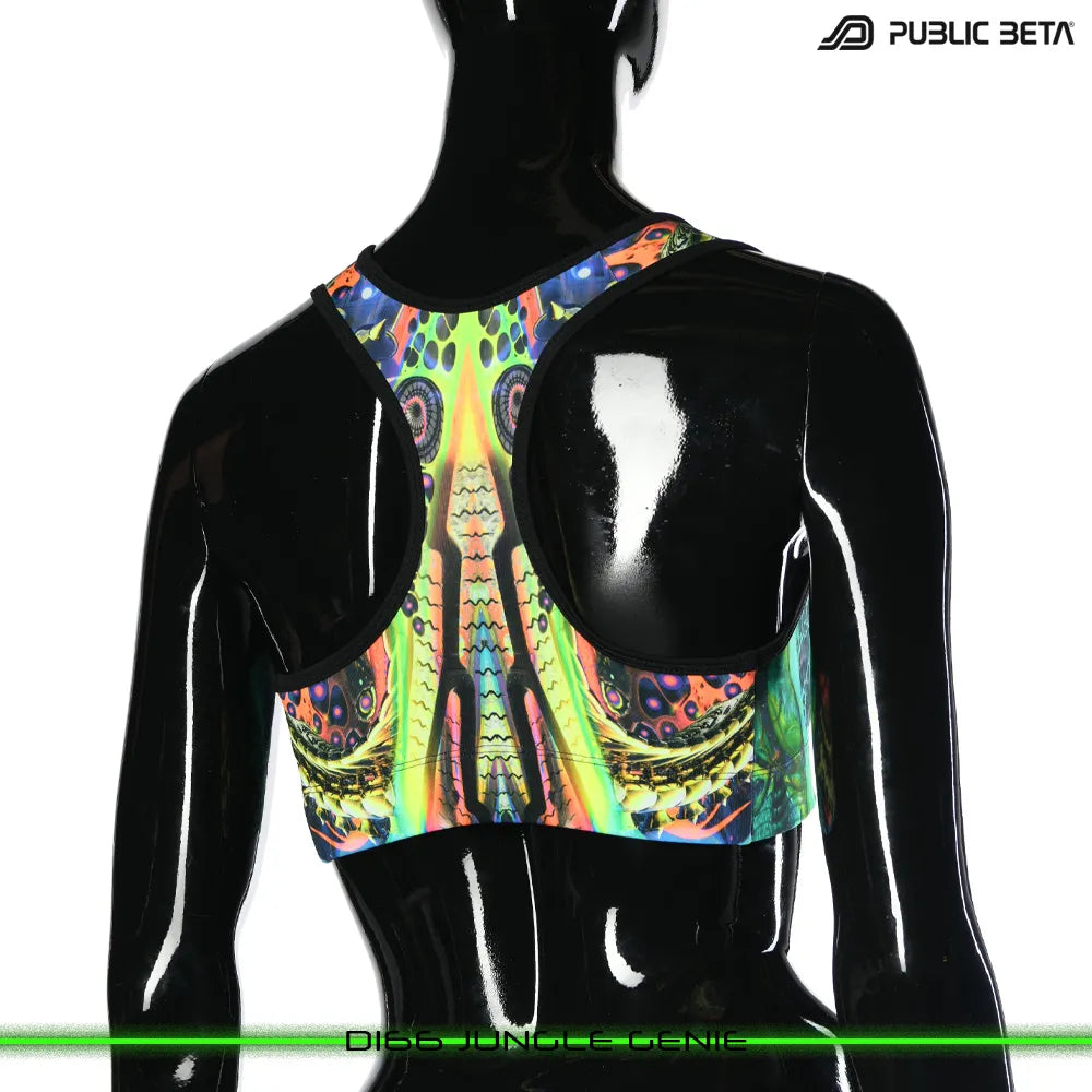 Active top with UV-reactive psychedelic art print, photographed in natural light