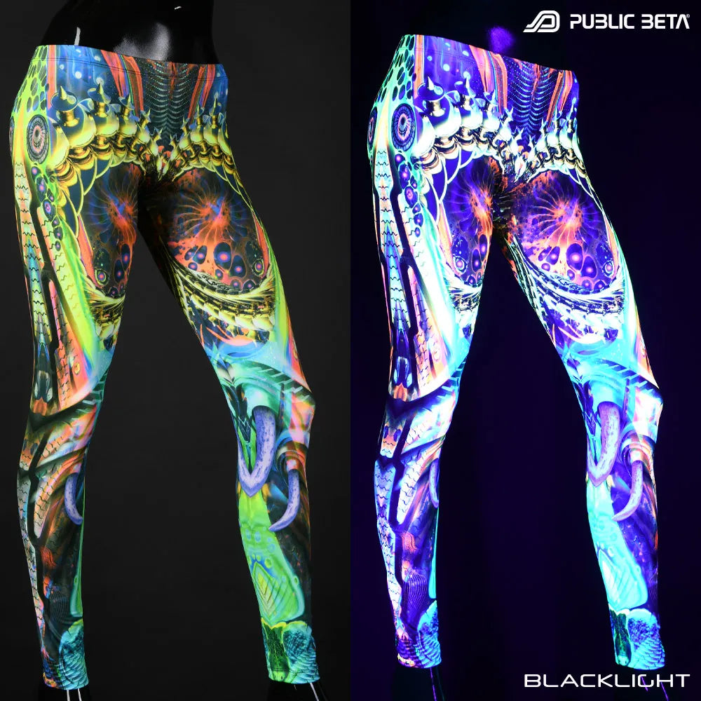 Uv reactive psychedelic art printed leggings shown in natural light and glowing under blacklight split image view