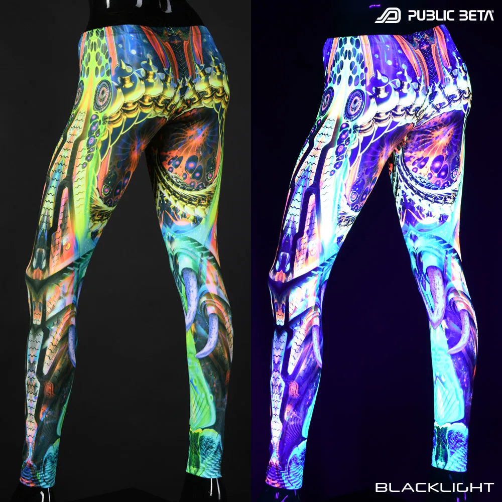 Uv reactive psychedelic art printed leggings shown in natural light and glowing under blacklight split image view