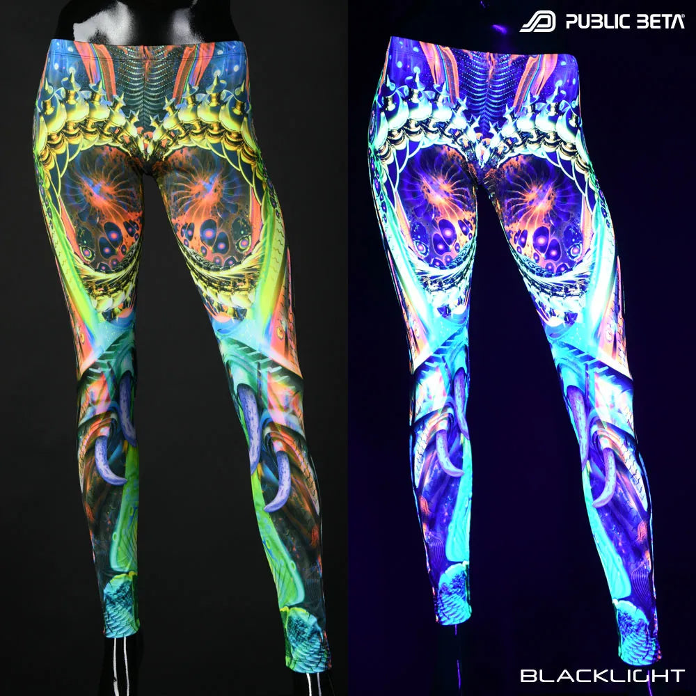 Uv reactive psychedelic art printed leggings shown in natural light and glowing under blacklight split image view