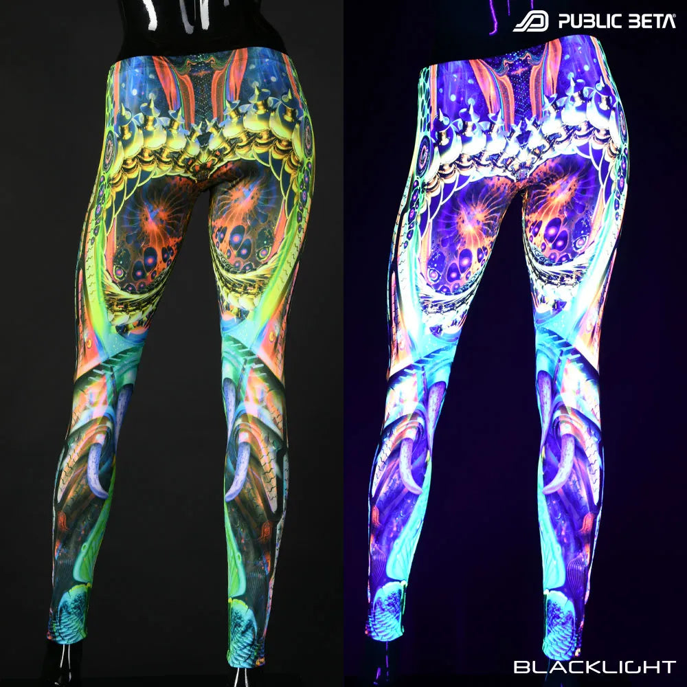 Uv reactive psychedelic art printed leggings shown in natural light and glowing under blacklight split image view
