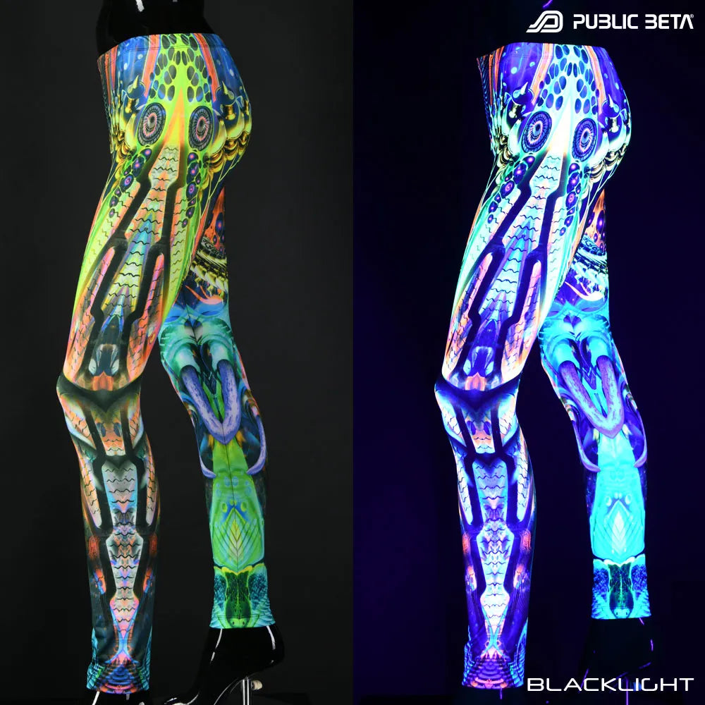 Uv reactive psychedelic art printed leggings shown in natural light and glowing under blacklight split image view