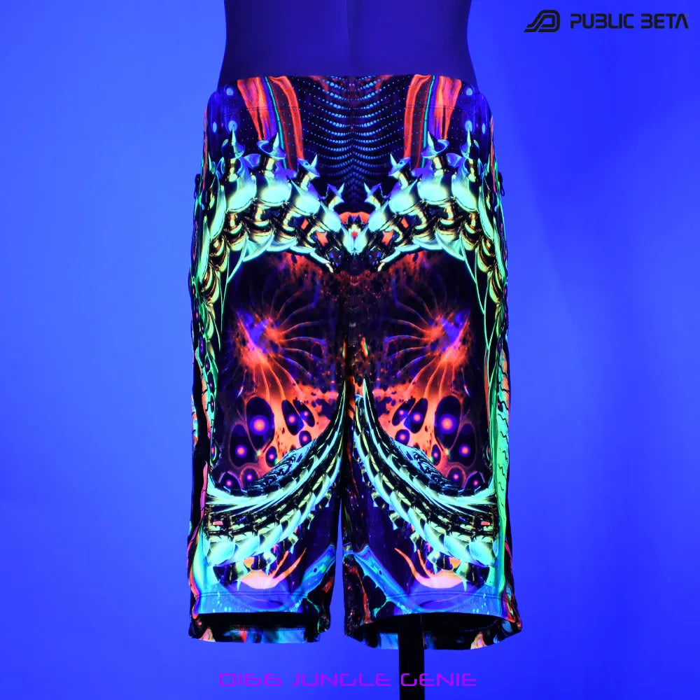 Boardshorts with UV-reactive psychedelic print glowing under blacklight