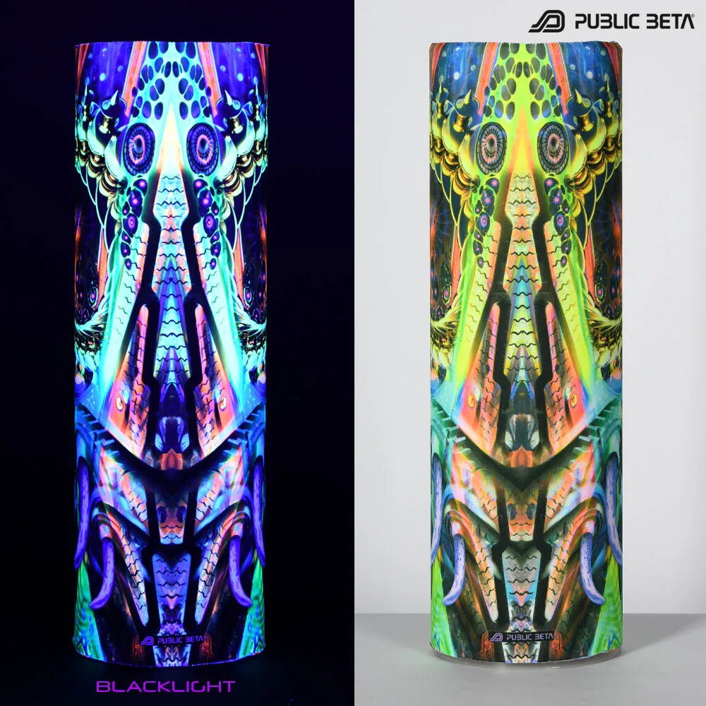 Split image of a tube scarf with uv-reactive graphics shown in natural light and glowing under blacklight
